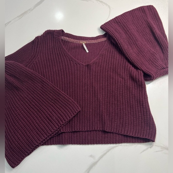 Free People Wine Damsel Bell Sleeve Sweater size Small Cotton Knit - Picture 2 of 6